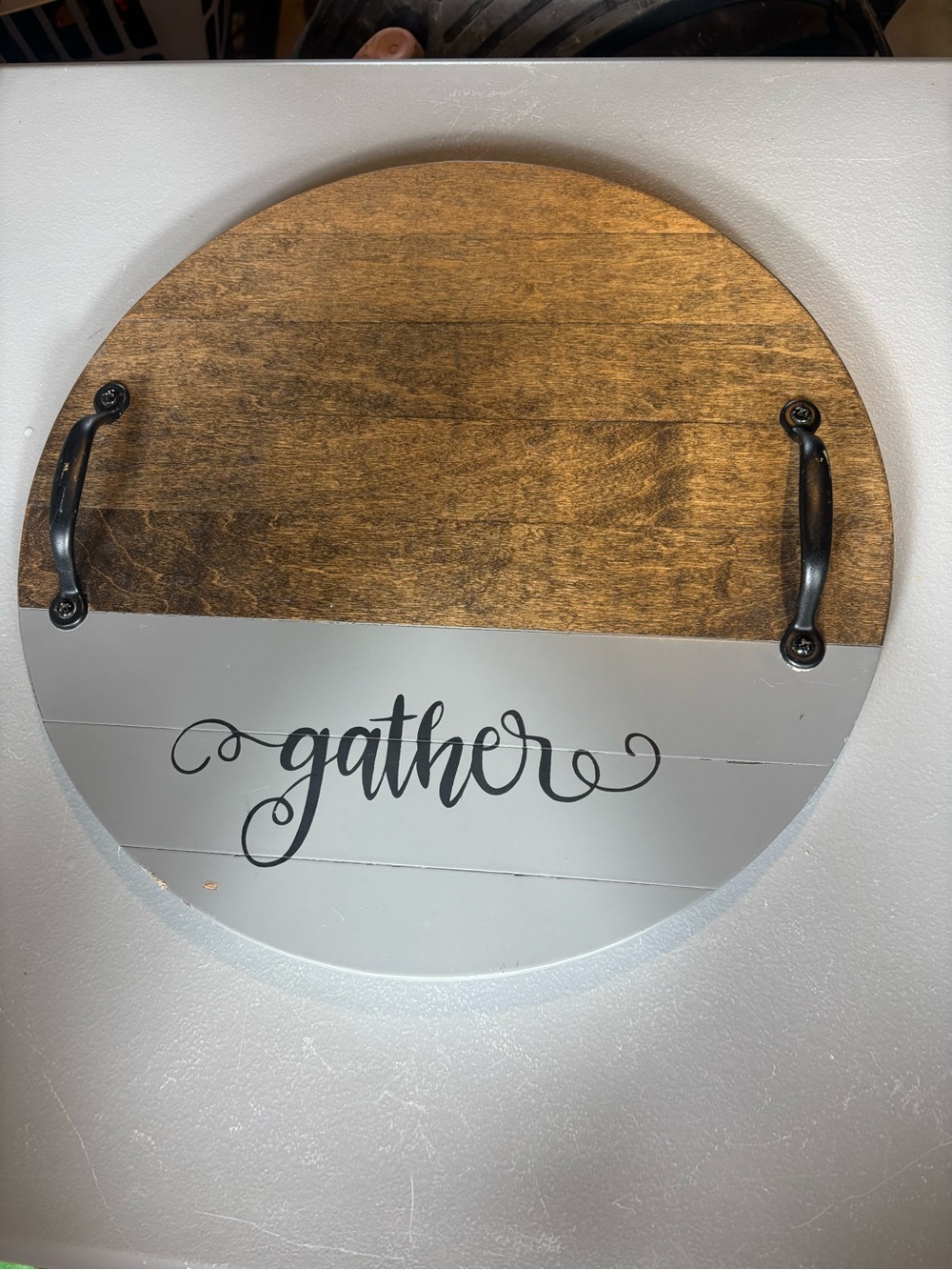Farmhouse Round Wood Gather Decorative Tray Sign Black Handles 16”